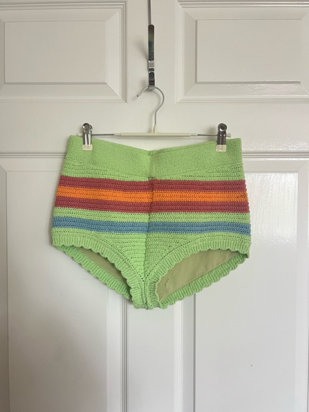 UO Crochet High-Waist Shorts in Lime Green with Rainbow Stripes